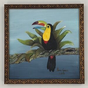Original Toucan Painting on Canvas Tropical Bird Gilt Frame